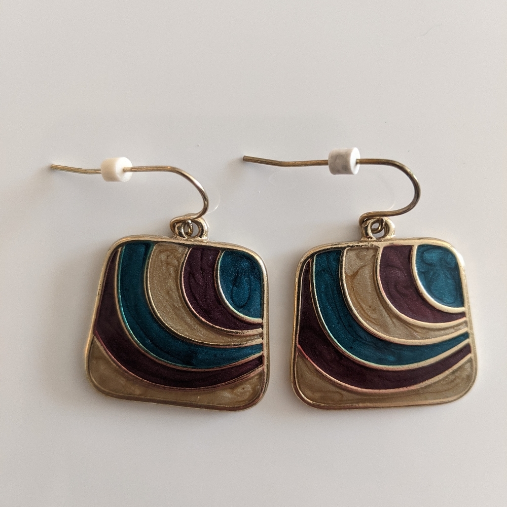 Square Multicolor and Gold-Tone Dangle Earrings - Picture 4 of 6